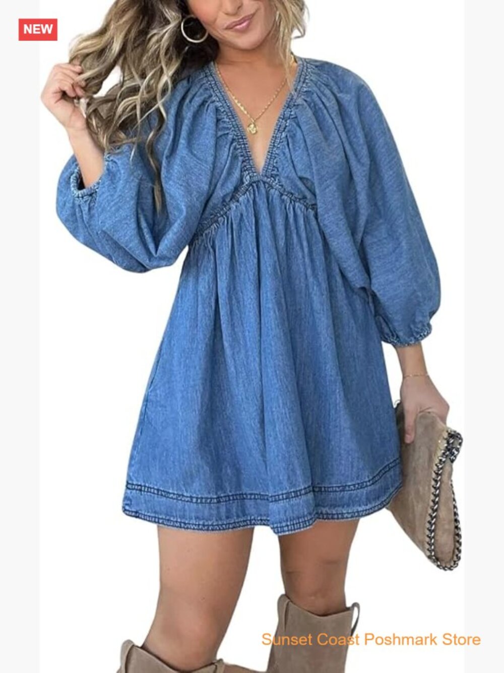 V Neck Denim Dress Puff Sleeve Swing Ruffle Flowy A Line Mini Jean Babydoll